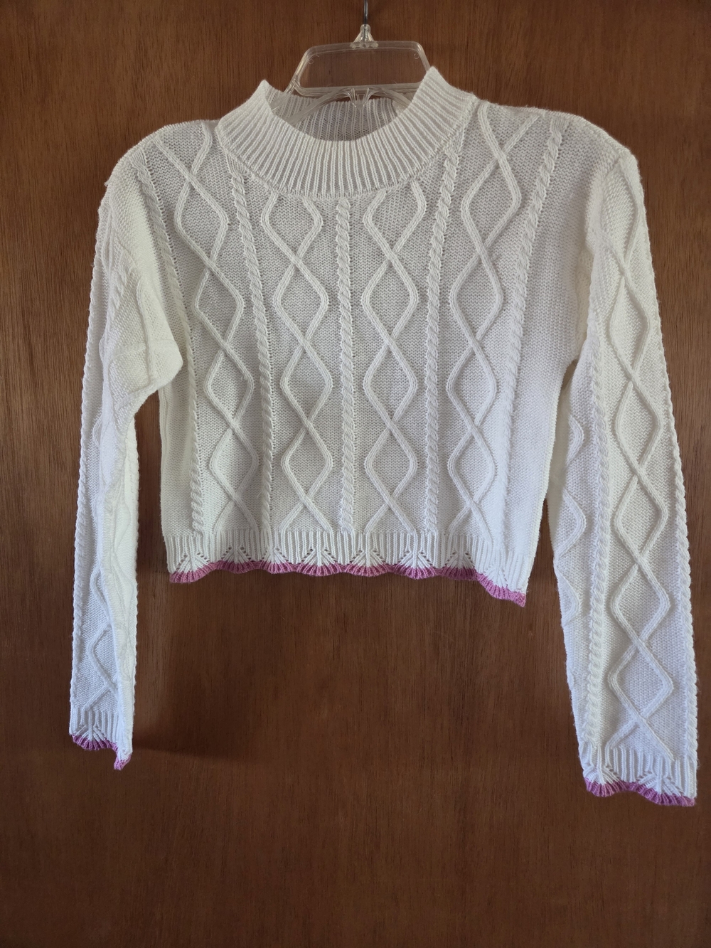 Girls' Cream Cable-Knit Sweater with Pink Trim